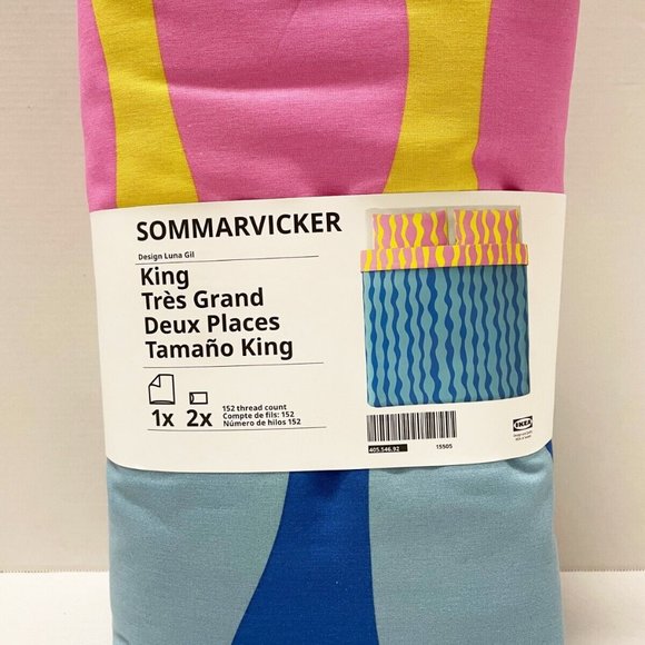 NEW - Ikea SOMMARVICKER Duvet cover and pillowcase(s), blue/light pink, KING - Picture 5 of 5